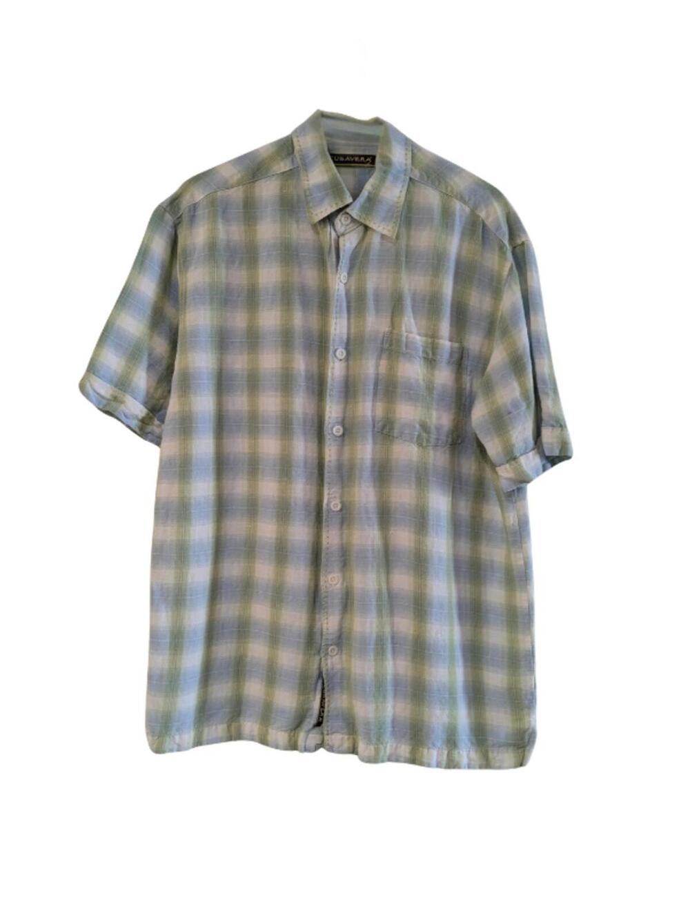 Cubavera Men's Plaid Linen Shirt Blue Green, Medium, Short Sleeve Hawaiian Style